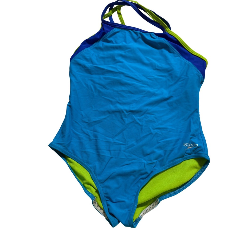 Speedo One Piece Swimsuit‎ Girls 12 Blue Lime Green Purple Colorblock Crossback